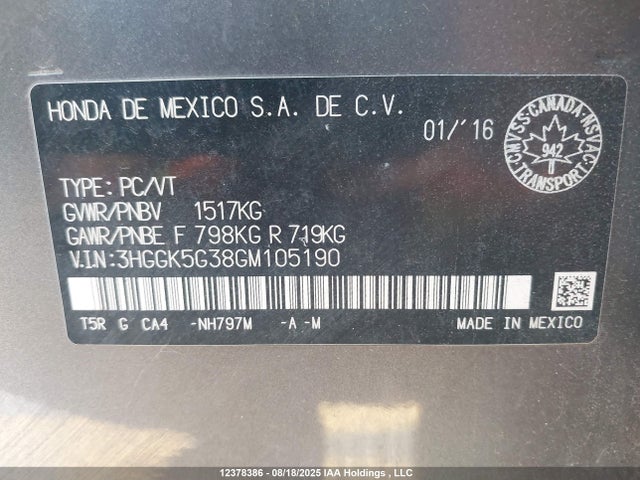 3HGGK5G38GM105190 Honda l15b1