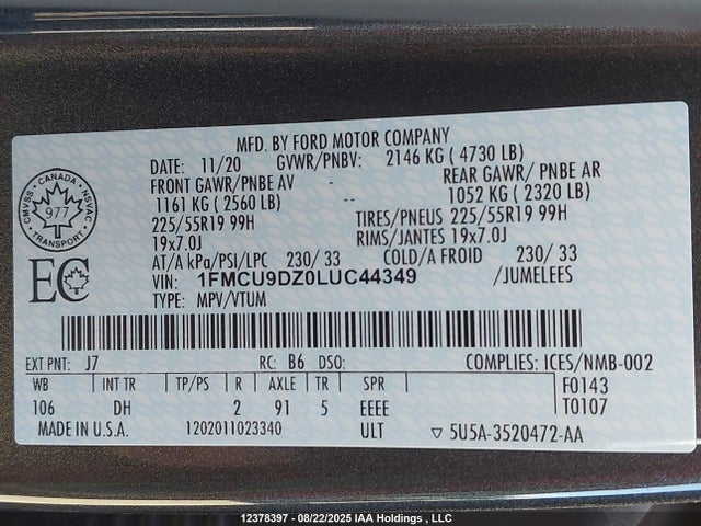 Ford 2020 2020 1FMCU9DZ0LUC44349 Image 9