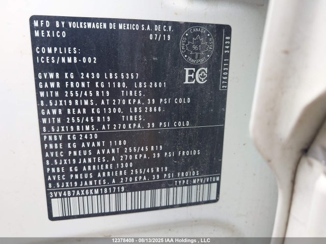 3VV4B7AX6KM181719 Volkswagen Tiguan