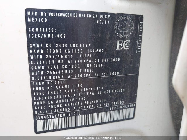 3VV4B7AX6KM181719 Volkswagen Tiguan