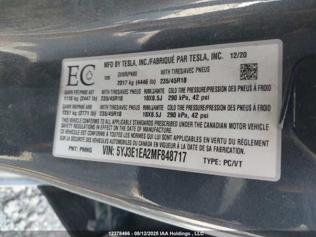 Tesla Model 3 Standard Range/standard Range Plus 2021 5YJ3E1EA2MF848717 Image 9