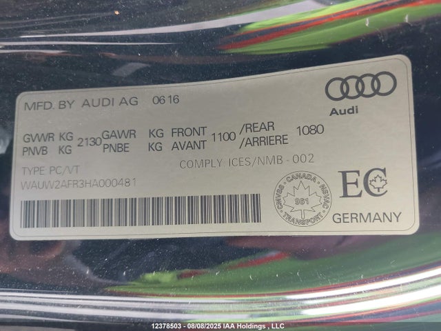 Aukcja sprzedaży 2017 Audi A5 Technik, vin: WAUW2AFR3HA000481, numer aukcji: 12378503