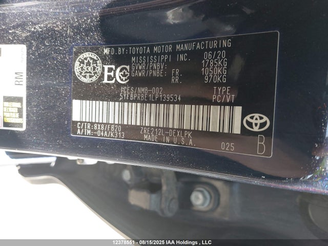 12378551 :رقم المزاد ، 5YFBPRBE1LP139534 vin ، 2020 Toyota Corolla Le مزاد بيع