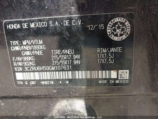 3CZRU6H59GM107631 Honda r18z9