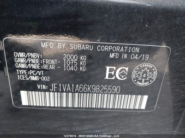 2019 Subaru Wrx მანქანა იყიდება აუქციონზე, vin: JF1VA1A66K9825590, აუქციონის ნომერი: 12378616
