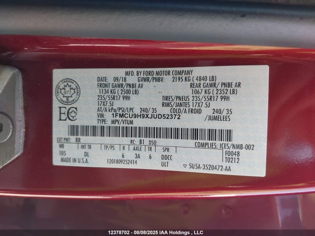 1FMCU9H9XJUD52372 Ford 2018