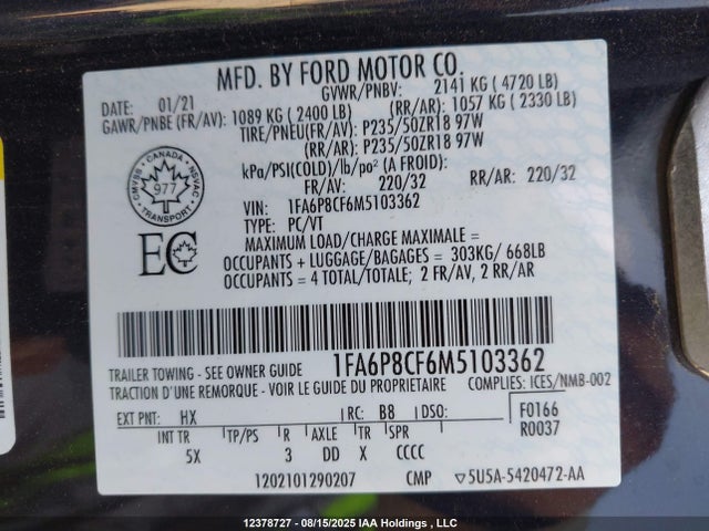 Ford tivct 2021 1FA6P8CF6M5103362 Image 9
