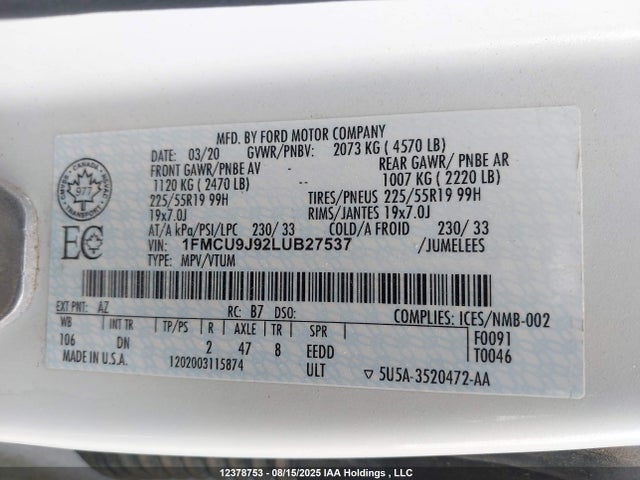 1FMCU9J92LUB27537 Ford gtdi, 240ps