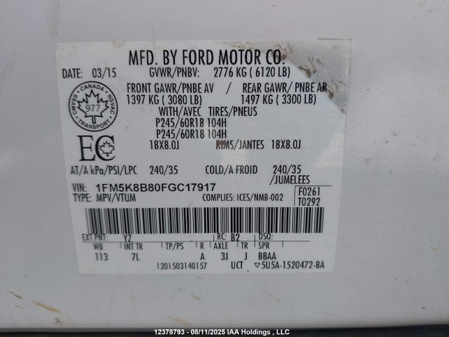 1FM5K8B80FGC17917 Ford Explorer