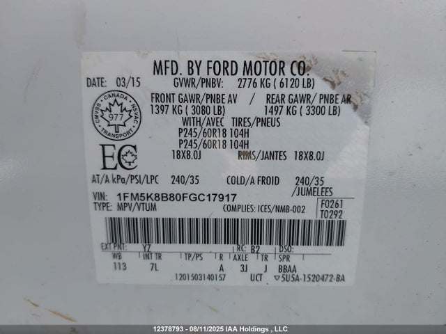 1FM5K8B80FGC17917 Ford Explorer