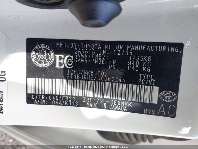 Toyota 2zr-fe 2018 2T1BURHE7JC062245 Image 9