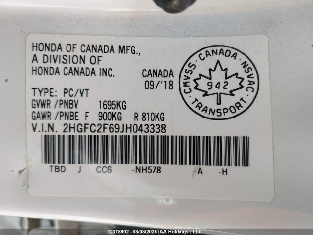 Honda k20c2 2018 2HGFC2F69JH043338 Image 9