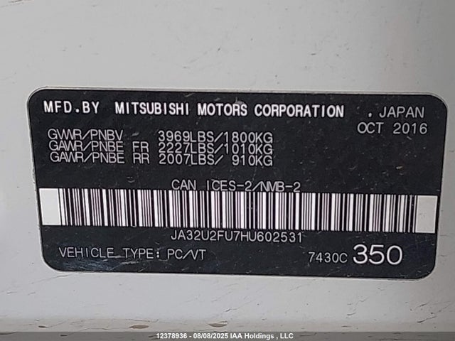 Mitsubishi 2.0 dohc mivec 2017 JA32U2FU7HU602531 Image 9