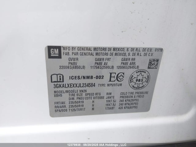 3GKALXEXXJL234584 GMC ltg - spark ignited direct injection, alum dohc, vvt, dcvcp turbo, e0-e100, alum