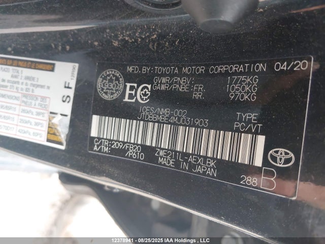 Aukcja sprzedaży 2021 Toyota Corolla Hybrid, vin: JTDBBMBE4MJ031903, numer aukcji: 12378941
