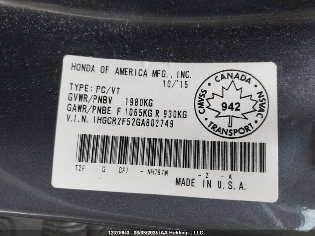Honda k24w1 2016 1HGCR2F52GA802749 Image 9
