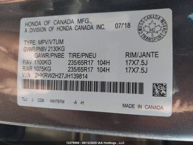Honda k24w9/k24v9 2018 2HKRW2H27JH139814 Image 9