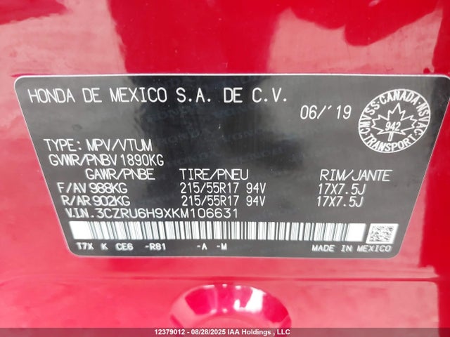 3CZRU6H9XKM106631 Honda Hr-v Touring