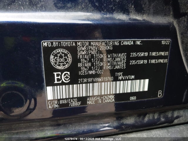 2T3R1RFV8NW319760 Toyota a25a-fks