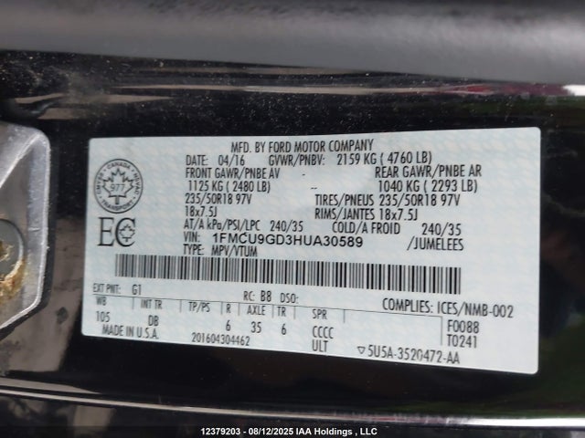 1FMCU9GD3HUA30589 Ford gtdi sigma w/premium fuel