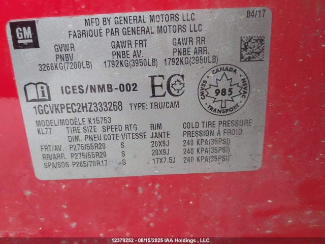 1GCVKPEC2HZ333268 Chevrolet l83 - sidi: spark ignited direct injection, vvt: variable valve timing, afm, e85 max, alum