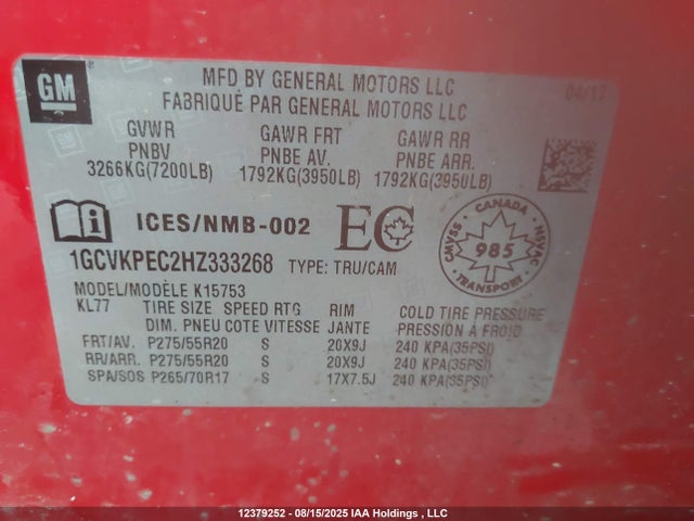 1GCVKPEC2HZ333268 Chevrolet l83 - sidi: spark ignited direct injection, vvt: variable valve timing, afm, e85 max, alum