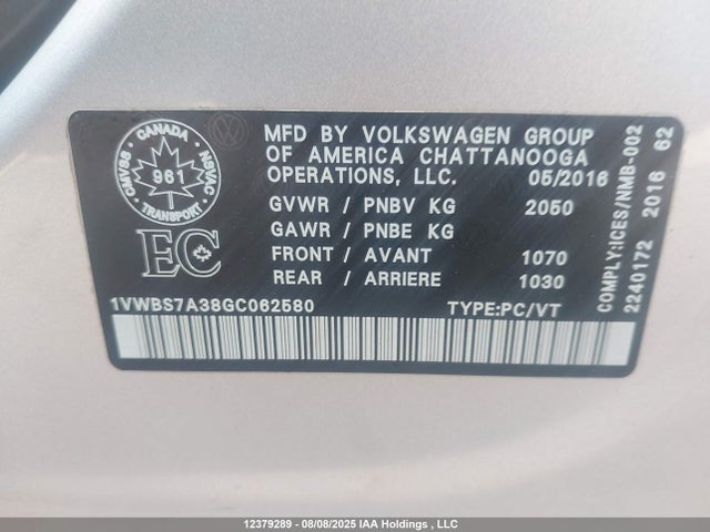 1VWBS7A38GC062580 Volkswagen Passat