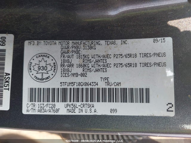 5TFUM5F10GX064334 Toyota 1ur-fe