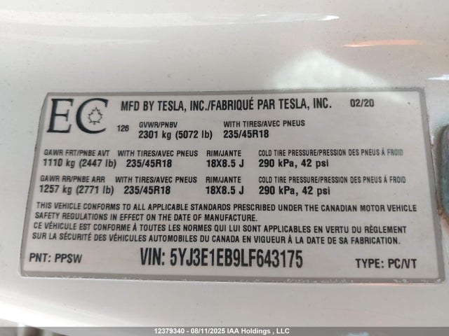 5YJ3E1EB9LF643175 Tesla MODEL 3
