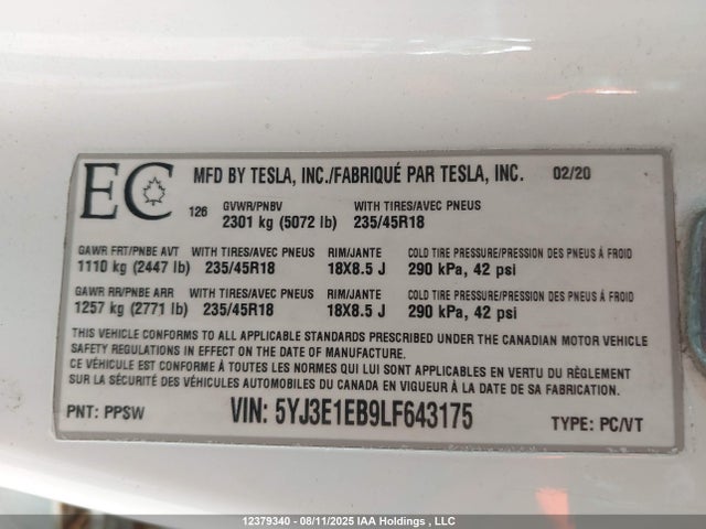 5YJ3E1EB9LF643175 Tesla MODEL 3