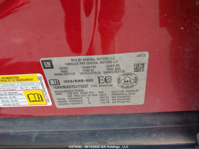 Chevrolet llt 2014 1GNKRGKD7EJ173207 Image 9