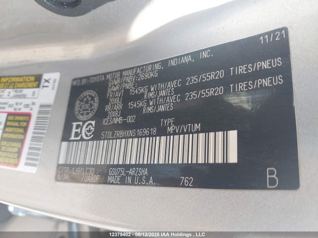 5TDLZRBHXNS169618 Toyota 2gr-fks