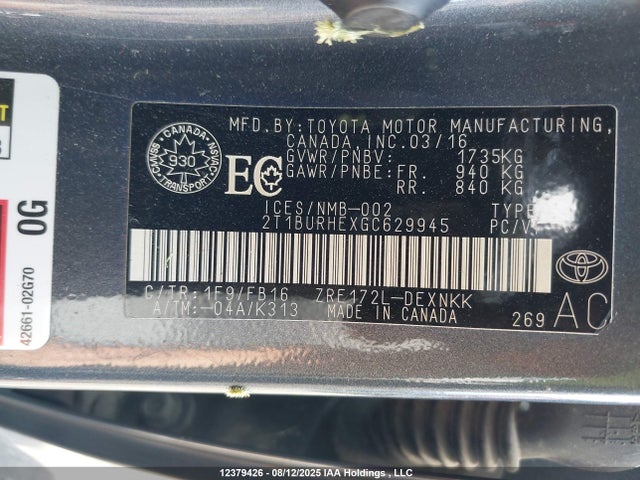 Toyota 2zr-fe 2016 2T1BURHEXGC629945 Image 9