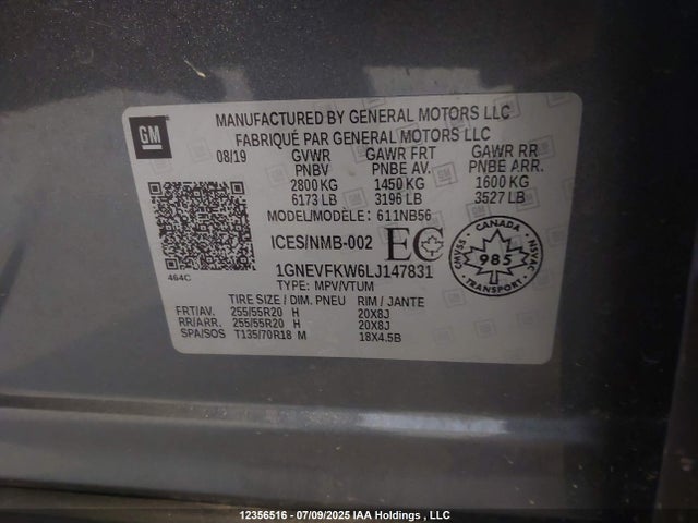 1GNEVFKW6LJ147831 Chevrolet lfy - spark ignited direct injection, atss, gen 1