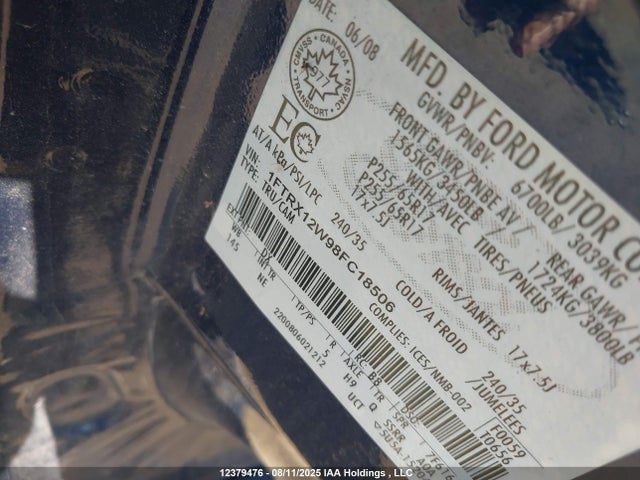 12379476 :رقم المزاد ، 1FTRX12W98FC18506 vin ، 2008 Ford F150 مزاد بيع