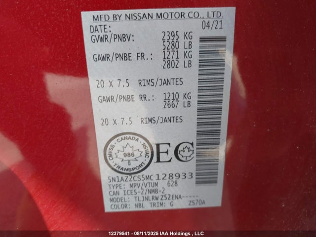 Nissan Murano 2021 5N1AZ2CS5MC128933 Image 9