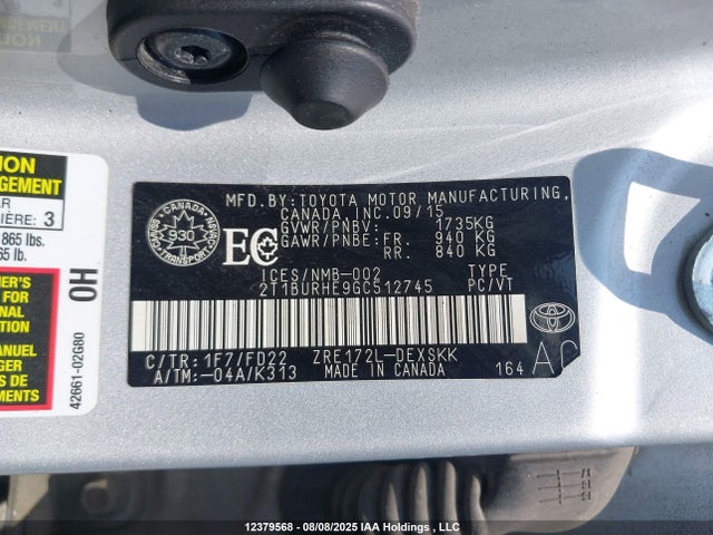 Aukcja sprzedaży 2016 Toyota Corolla S, vin: 2T1BURHE9GC512745, numer aukcji: 12379568