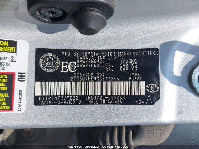 Aukcja sprzedaży 2016 Toyota Corolla S, vin: 2T1BURHE9GC512745, numer aukcji: 12379568