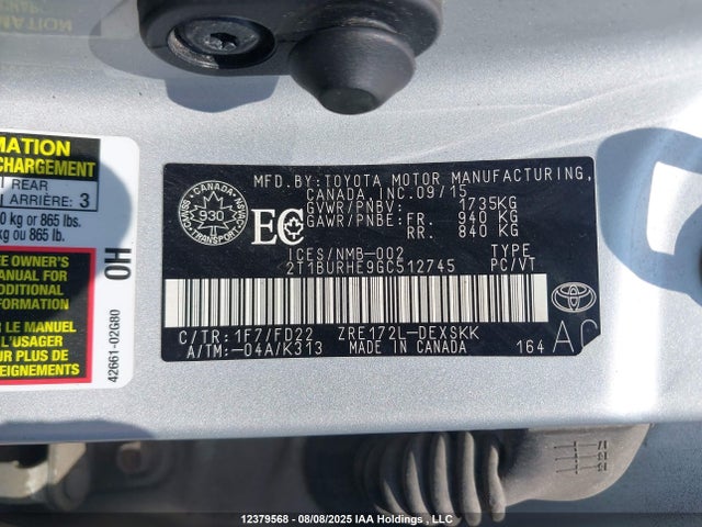 Aukcja sprzedaży 2016 Toyota Corolla S, vin: 2T1BURHE9GC512745, numer aukcji: 12379568