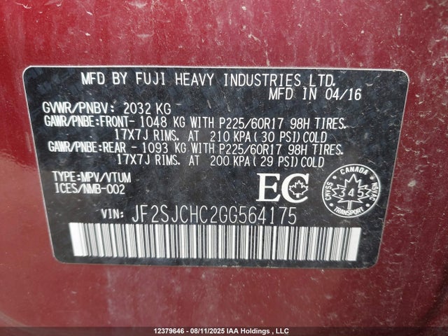 JF2SJCHC2GG564175 Subaru naturally aspirated c0