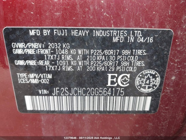 JF2SJCHC2GG564175 Subaru naturally aspirated c0