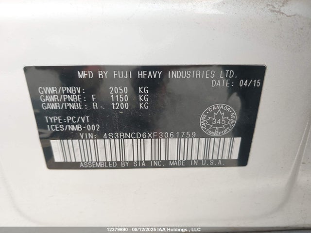 Subaru 2.5l c0 2015 4S3BNCD6XF3061759 Image 9