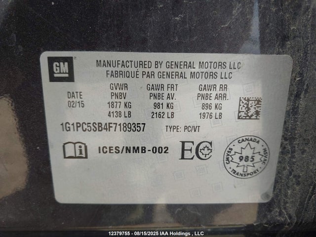 Aukcja sprzedaży 2015 Chevrolet Cruze, vin: 1G1PC5SB4F7189357, numer aukcji: 12379755