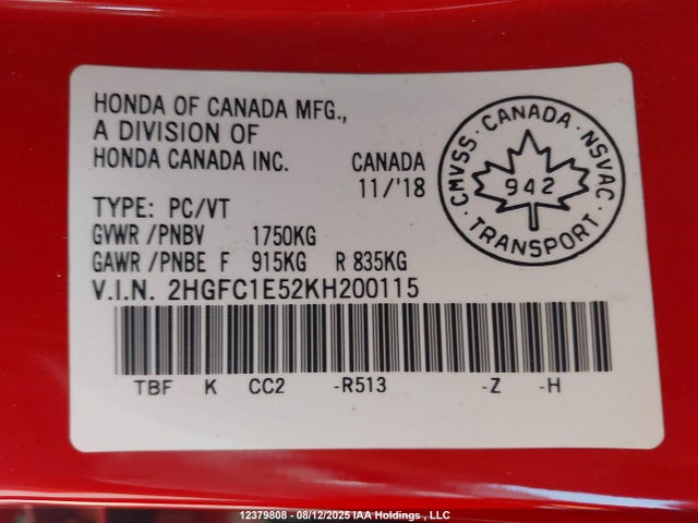 Honda l15b7 2019 2HGFC1E52KH200115 Image 18