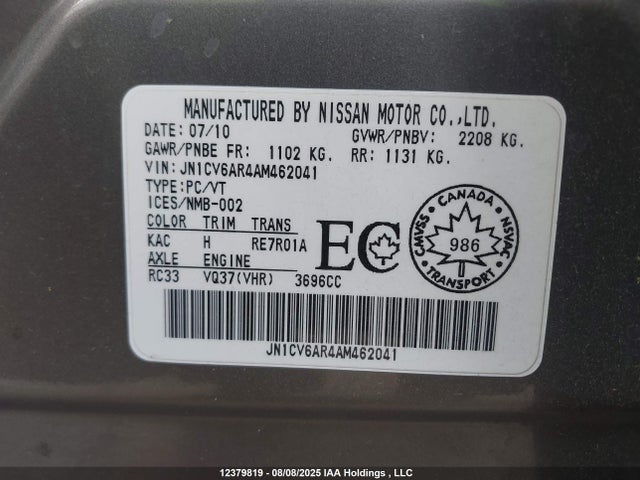 Aukcja sprzedaży 2010 Infiniti G37x, vin: JN1CV6AR4AM462041, numer aukcji: 12379819