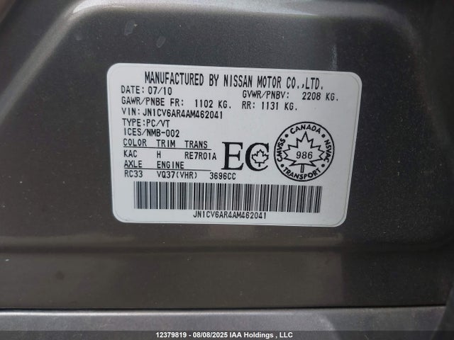Aukcja sprzedaży 2010 Infiniti G37x, vin: JN1CV6AR4AM462041, numer aukcji: 12379819