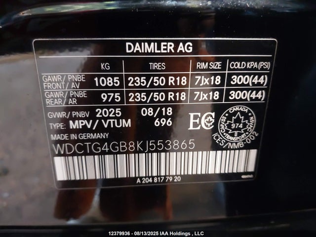 WDCTG4GB8KJ553865 Mercedes-Benz 270
