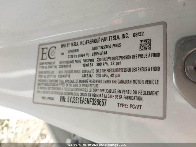 5YJ3E1EA5NF328657 Tesla MODEL 3