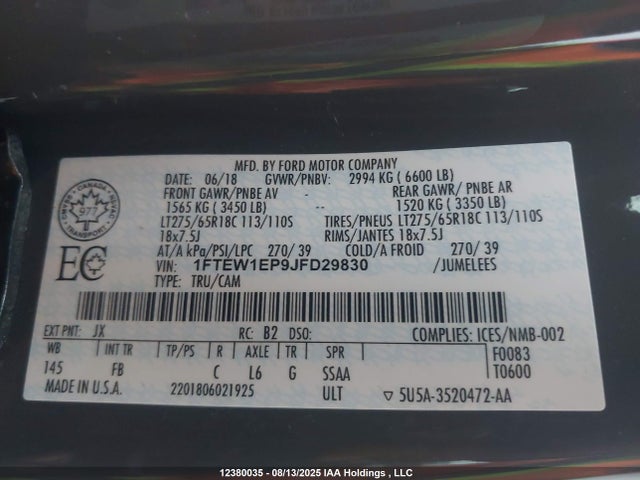 Ford 2.7l-4v 2018 1FTEW1EP9JFD29830 Image 9