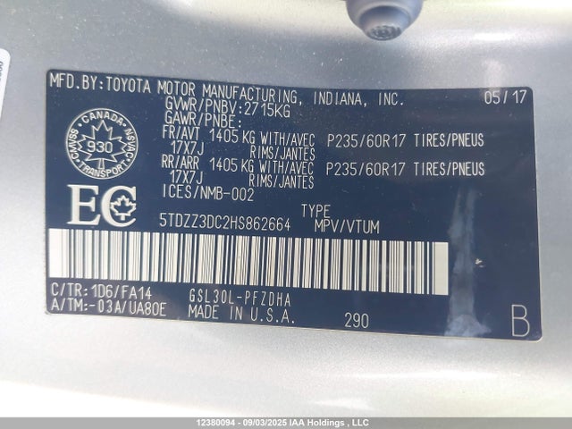 Toyota 2gr-fks 2017 5TDZZ3DC2HS862664 Image 9